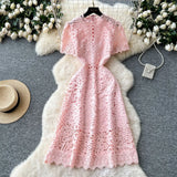 Squeer Hook Lace Dress Female French Waist Thin Temperament Short-Sleeved Long Dress 2025