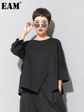 Women Black Irregular Split Joint Big Size T-shirt New Round Neck Three-quarter Sleeve Fashion Spring Summer 2023