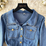 Water Wash Denim Dress Women's Autumn New High-End Thin Temperament Waist Single Buckle Long