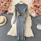 Women Shiny Knitted Dress Long Sleeve O Neck Elastic Slim Pencil Dresses Autumn Sexy Bodycon Streetwear Sweater