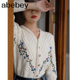 Style Embroidey Flower Cardigan Women O Neck Single Breasted Knitted Tops Long Sleeve Casual Vintage