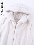 Women Fashion Front Pockets Faux Fur Hooded Waistcoat Vintage Sleeveless Zipper-up Female Outerwear Chic Vest