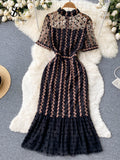 Embroidary Splice Evening Party Dress O Neck Zipper Women Mesh Slim Summer Fashion Ladies A Line Long Fishtail