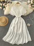 Pink/White/Green French Hollow Ruffles Dress Women O Neck Lace up Solid A-line Dresses Summer Elegant Streetwear Midi