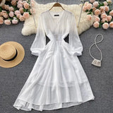 Autumn Vintage V-Neck Chiffon Dress Women Elegant Puff Long Sleeve High Waist Purple/Green/White Robe Female Casual Vestidos