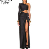 Cut Out Design Black Long Dress Women One-Shoulder High Slit Elegant Ruched Design Evening Party Dress Autumn