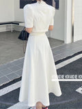 Quality New Summer Fashion Korean Sweet Elegant 2 Piece Set Women Crop Top Shirt Blouse Midi Skirt Suits Two Piece
