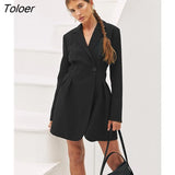 Elegant Women Blazer Dress Notched Long Sleeves Business Black Dress Office Ladies Single Buckle Short Dress