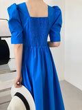 Ruched Shirred Waist Puff Sleeve Buckle V-neck Dress Blue Black White Summer Elegant Short Sleeve Women Long