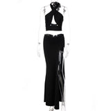 Summer Fashion Black Two Pieces Set Tie Sexy Top High Slit Side Skirts Slim Bodycon Party