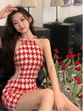 Hit Color Houndstooth Dress Women Sexy Pearls Beaded Hollow Out Waist Dresses 2023 Summer Sleeveless Bodycon