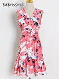 Sexy Dress For Women V Neck Sleeveless High Waist Sashes Patterned Colorblock Mini Dresses Female 2022 Summer