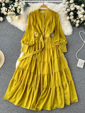 Autumn Retro Beach Pleated Dress Women Lantern Sleeve French Single Breasted 2022 Fashion Chiffon A Line Long