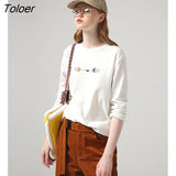 Women Tees 2022 Autumn Long Sleeve O Neck Loose T-shirt Love and Fish Embroidery Print Pure Cotton Casual Streetwear