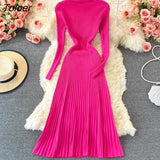 Women Pleated Knitted Dress Turtleneck Long Sleeve Elastic Slim Pencil Dress Autumn Winter Sexy Bodycon Sweater
