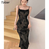 Women Evening Dress Retro Camisole Black Floral Slim Fishtail Midi Party Club Gown Robe Femme Sexy Mujer Vestidos