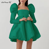 Puff Sleeves Ladies Party Black Dress Evening Chic Square Collar Ball Gown Womens Satin Dresses Short Pleated