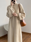 Women's Turtleneck Roll Collar Lantern Sleeve Sweater Dress White Purple 2022 Winter High Neck Loose Relaxed Knitted