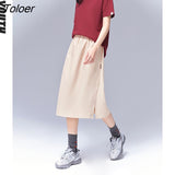Women Skirts 2022 Summer A Line Elastic Waist Solid Apricot Pure Cotton Casual Basic Midi