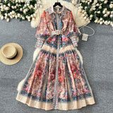 Court Print Flip Lantern Sleeves To Close Waist Single Buckle Dress Women Thin Elegant Long