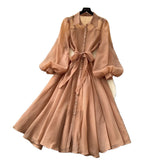 Dress Woman Autumn 2025 Court Style Niche Collar Single Buckle Strap To Belt Lantern Sleeve Long