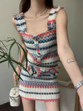 Summer Elegant Sexy Tweed Stripe 2 Piece Set Women Short Vest Crop Top + A-line Skirt Vintage Two Piece Skirt Set