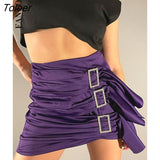 Rhinestone Buckles Mini Skirt Women Solid Slim High Waist Elegant Y2k Clothes Sexy Bodycon Purple Pleated Skirts