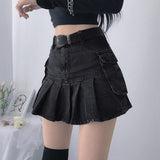 Punk Black Denim Mini Skirt Pleated Women Sexy Grunge High Waisted Pocket Patchwork A-line Jean Skirt E Girl