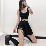 Gothic Sexy Pleated Mini Skirts Women Punk Grunge Black Patchwork Leg Ring Mall Goth Skirt Shorts Summer