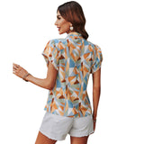 Chiffon Stand Collar Printed Short Sleeve