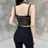 Mesh Patchwork Transparant Back Body Crop Top Women Sleeveless Clubwear Gothic Style Skull Graphic Embroidery Black