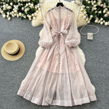 Standing Collar Nails Drilled Full Of Star Buckle Lantern Sleeves Tied With Waist Temperament Dress Famous Party Dress