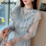 Brand New Women Romantic Tulle Dress Stand Collar Beading Tassels Ruffles Long Sleeve Mesh Dress Cute Mid Dress