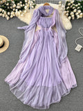 Mesh Patchwork Chiffon Long Dress Scarf Long Sleeve Slim Beach Holiday Ladies Vinage Court Style Waist Autumn