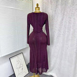 New Sexy Cross-Dress V-Neck Long Sleeves Elastic Mesh Hot Diamond Dress Female Elegant