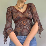 Rockmore Lace Mesh Crop Top Vintage Frill Print T Shirt Women Autumn V Neck Slim Pullovers Harajuku Tshirt Grunge