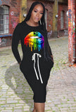 Lip Print Drawstrings O-Neck Shirt