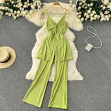 Summer Women Sexy Two Piece Set Beach Criss-Cross V-Neck Spaghetti Strap Tops + Wide Leg Pants Red/Yellow/Purple Suits