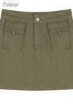Vintage Y2k Green Cargo Skirt Women Retro Streetwear 90s Pocket Patchwork High Waist A-line Denim Mini Skirt