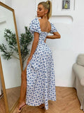 party Puff Sleeve High Split Floral Print Dress Summer Women Flroal Printed Ruched Party Maxi Dress Drawstring Sexy Vestidos