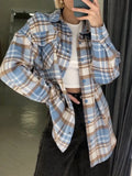 Graduation party Autumn winter vintage plaid shirts women Long sleeve lapel thickness blouse shirt female Oversized pocket loose