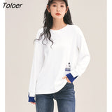 Women Fake Two Piece Tees 2022 Winter Long Sleeve O Neck Loose Tshirt Splice Cuffs White Comfort Basic All Match