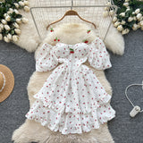 Spring And Summer Sweet Shoulder Slings Bubble Short Sleeve Cherry Print Waist Dress Women's Wooden Ear Short