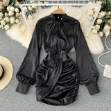 Women Fashion Korean Dress Stand Collar Long Sleeve Ruched Solid Dresses 2022 New Spring Slim Streetwear Short