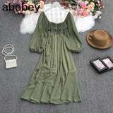 New Spring Temperament All-match Retro All-match Square collar puff sleeve Dress lace up ruffles