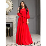 Women Elegant Long Dress O Neck Long Sleeve Lacing Full Length Dress Simple Solid Office Lady Party Night Evening Dress