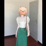 View Of The Unique Beautiful V-Neck Bubble Sleeve Shirt For Women's Summer New Green Floral Skirt