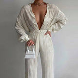 Women's Shirt Pleated Two Piece Set Loose High Waist Wide Leg Pants Suit 2022 Casual Elegant Office Ladies Female