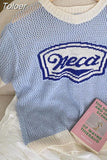 Letter Print Crochet Top Women Korean Dongdaemun 2023 Summer Knit T-shirt Contrast Hollow Short Sleeve Tee