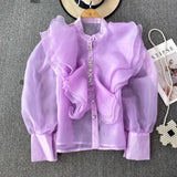 Court Style Super Fairy Collar Layer Lotus Edge Eugen Yarn Perspective Single Buckle Shirt Female Gas